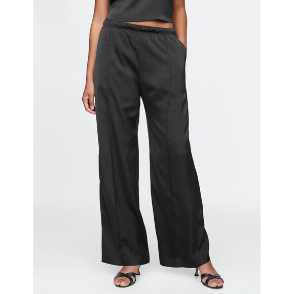 New Gap Black Mid Rise Satin Seamed Straight Leg Pants Large Tall NWT Relaxed - Picture 1 of 12